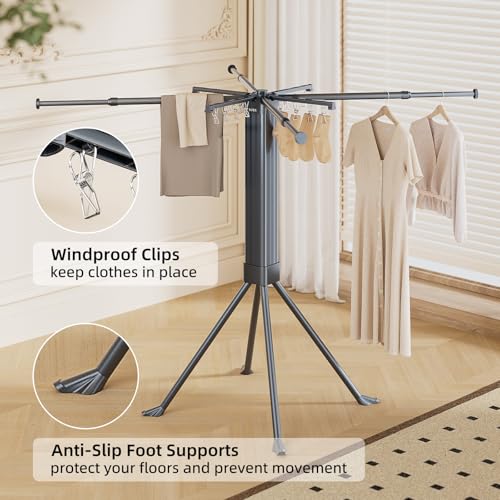 BIREN Clothes Drying Rack Foldable Extending Laundry Rack with 16 Clips Collapsible Clothing Rack Space-Saving Clothing Racks for Hanging Clothes, Indoor, Camping, Balcony, Outdoor - color: Gray