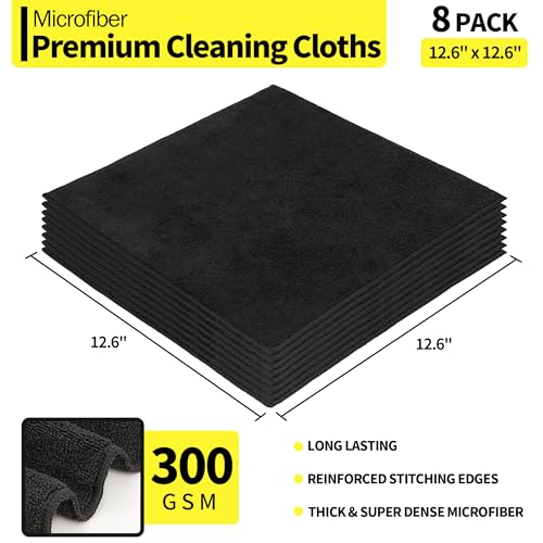 Microfiber Cleaning Cloth, Premium 8 Pack Cleaning Towels, Lint-Free & Streak-Free Ultra Absorbent, 300GSM Reusable Microfiber Towel for Cars Shop Garage Home and Kitchen, 12.6" x 12.6" - color: Black, style: 8 Pack