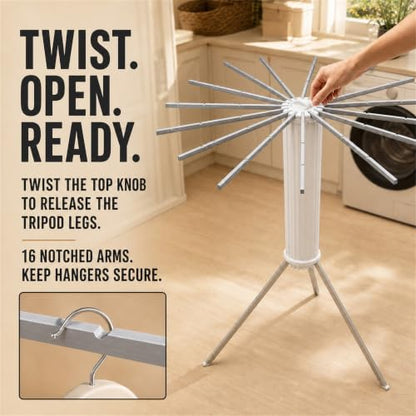 Clothes Drying Rack Foldable, Portable Laundry Drying Rack for Clothes with 16 Aluminum Rods & 48 Windproof Slots, Collapsible Tripod Dry Rack for Apartment, RV, Balcony - style: Aluminum RODS & Aluminum Legs