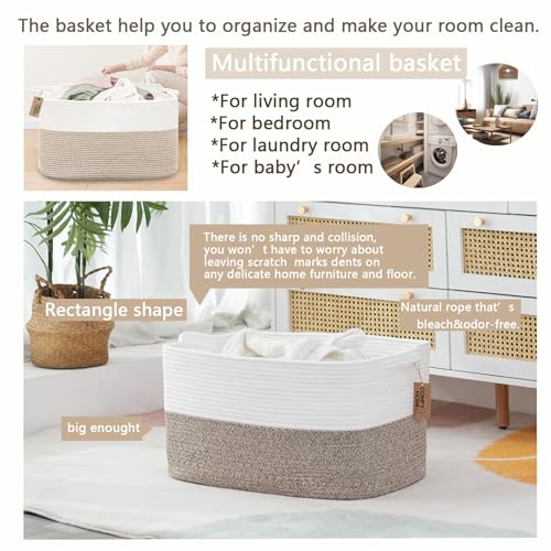 COMFY-HOMI Large Rectangular Blanket, Cotton Rope Woven for Storage, LaundryHamper, Storage,Toy Organizing Bin with Handle, Organizer and Storage-22x15x12- - color: White/Brown, size: 22''x15''x12''