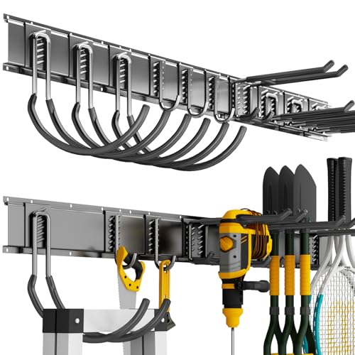 Garage Tool Organizer Wall Mount, 64 Inch Heavy Duty Garden Tool Organizer Storage System, Easy Install with 10 Adjustable Hooks, for Garage, Basement, Shed, Workshop, Black, Steel - size: 64" - 10 Hooks