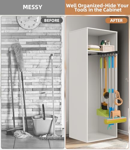 Pull Out Broom Holder With Adjustable Double Row Sliding Hook-Black 14.17in - color: Black, size: 36cm/14.17inch