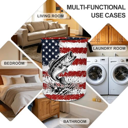 Fish Bass Laundry Basket Collapsible Oxford Laundry Hamper Clothes Storage Bin with Handles for Bedroom Bathroom Laundry Room 19.6 x 15.7 Inches - color: Fish Bass