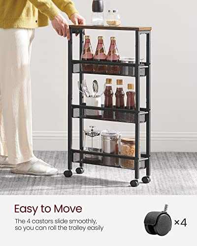 VASAGLE 4-Tier Slim Rolling Storage cart with Wheels, 5.1 Inches, Metal - color: Rustic Brown + Classic Black, size: 4 Tiers (5.1"D x 30.3"H)