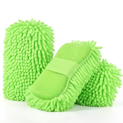 3 Pack Chenille Premium Scratch-Free Microfiber Car Wash Sponges, Non-Scratch Car Cleaning Wash Mitt, Ultra-Soft Glove, Swirl-Free Finish, Safe for Trucks, Suvs(Lime Green) - color: Lime Green