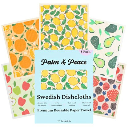 Palm & Peace Swedish Dishcloths for Kitchen - 5 Pack - Reusable Paper Towels - Super Absorbent, Non-Scratch, Washable, Sustainable, 100% Compostable Cleaning Cloths (Juicy Fruit) - color: Juicy Fruit
