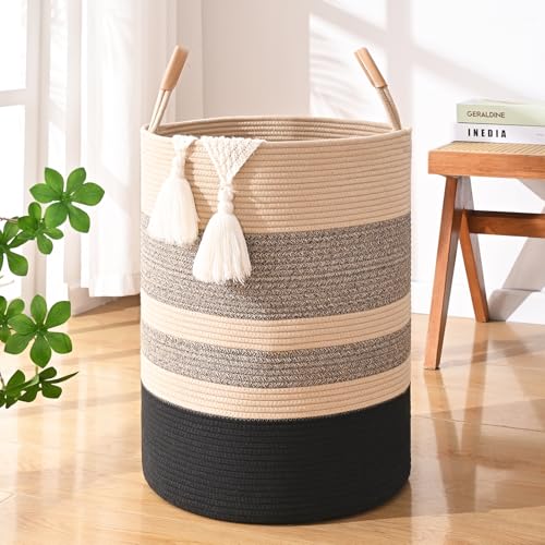 Large Laundry Basket, Laundry Hamper with Leather Handles, 75L Woven Dirty Clothes Hamper, Rope Hampers for Bedroom, Barthroom, Brown Black - color: Brown & Black, size: 75L