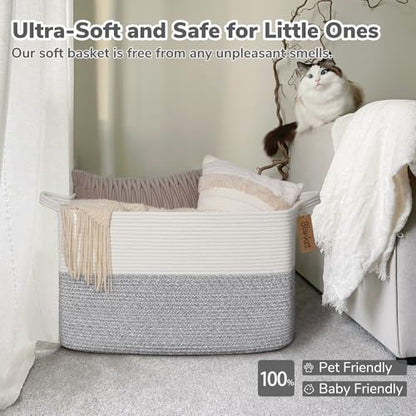 Goodpick 75L Extra Large Woven Rope Blanket Basket, Rectangle, Light Gray - color: Light Grey, size: 22"L x 17"W x 12"H