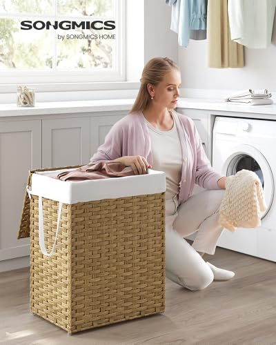 SONGMICS Laundry Hamper with Lid, 23.8 Gal (90 L) Synthetic Rattan,Foldable - color: Goose Yellow, size: 90 L