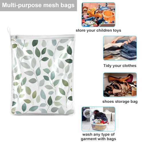 Mesh Laundry Bags Lingerie Bags for Washing Delicates 2 PCS Durable Wash Bag with Zipper Small and Medium Washable Fresh Green and Grey Leaves - color: Fresh Green and Grey Leaves
