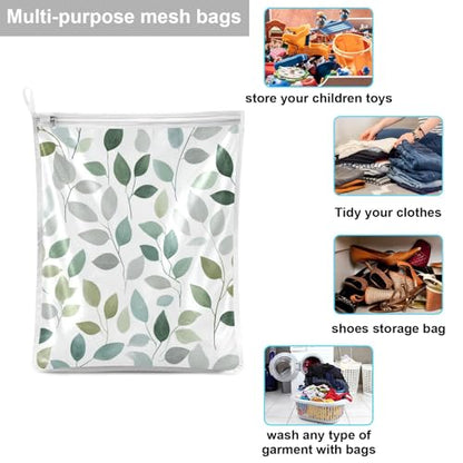 Mesh Laundry Bags Lingerie Bags for Washing Delicates 2 PCS Durable Wash Bag with Zipper Small and Medium Washable Fresh Green and Grey Leaves - color: Fresh Green and Grey Leaves