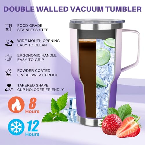 30 oz Tumbler with Handle, Stainless Steel Insulated Tumbler with Lid and Straw, Double Wall Vacuum Coffee Mug Tumbler, Insulated Coffee Thermal Cup for Cold and Hot (Light Dark Purple) - color: Light Dark Purple, size: 30 Ounces