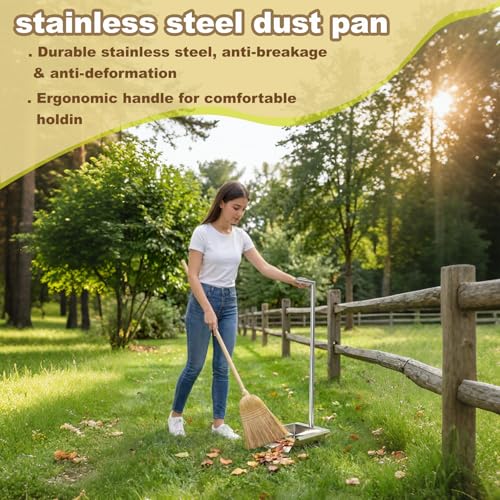 35in Heavy Duty Stainless Steel Standing Dust pan with Handle, Long Handle Metal Dustpans, Stand Up Large Dustpan for Farm, Office, Garage, Outdoor Yard, Commercial & Household Use