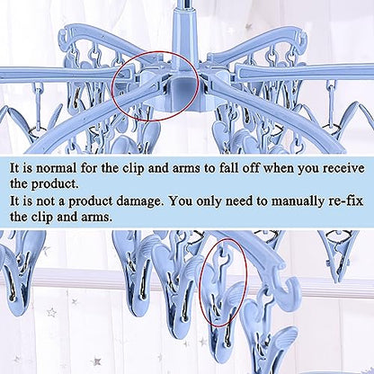 Clothes Sock Drying Hanger with 24 Clips,Foldable Hanging Rack - color: Blue