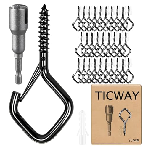 30 Pcs Outdoor Hooks for String Lights,Screw Hooks for Hanging Plants,Ceiling Hooks with Safety Buckle,Square Hanger for Wind Chimes,Bird Feeder,Lanterns,Christmas Decorations (Black) - color: Black, size: 30