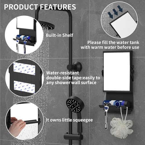 Ettori Fogless Shower Mirror for Shaving, Water-Filled Anti Fog Shower Mirror with 1X/3X Dual-Sided Magnification, No Drill Adhesive Mirror for Shower with Shelf, Razor Hooks and Squeegee, Black