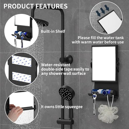 Ettori Fogless Shower Mirror for Shaving, Water-Filled Anti Fog Shower Mirror with 1X/3X Dual-Sided Magnification, No Drill Adhesive Mirror for Shower with Shelf, Razor Hooks and Squeegee, Black