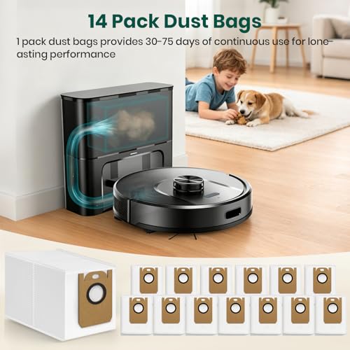 14 Pack Vacuum Bags for Tikom L8000 Plus Series Robot Vacuum, Large Capacity Disposable Replacement Dust Bags for Tikom, Up to 60 Days Hands Free Cleaning