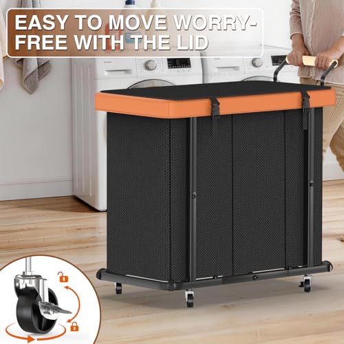 Rolling Laundry Hamper with Wheels, Laundry Hamper 3 Section with Lid Black - color: Black-3 Section, size: 3 Section