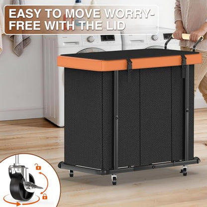 Rolling Laundry Hamper with Wheels, Laundry Hamper 3 Section with Lid Black - color: Black-3 Section, size: 3 Section
