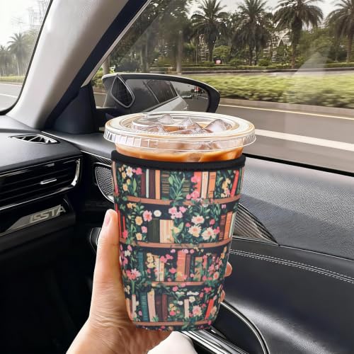 Reusable Insulated Neoprene Iced Coffee Cup Sleeve, Durable Drink Sleeve for Cold Beverages, Beverage Holder for Iced Coffee (Bookish Bloom) - color: Bookish Bloom