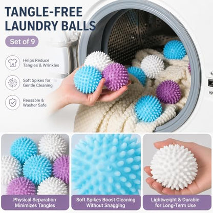 9 Pack Reusable Laundry Balls, 1.57 Inch Anti-Tangle Anti-Wrinkle Washing Machine Dryer Balls for Clothes Fabric Care
