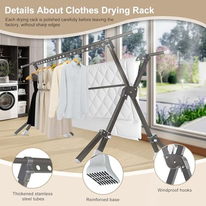 52-91 Inches Clothing Rack, Clothes Drying Rack Foldable, Length Adjustable, Laundry Clothes Drying Rack, Heavy Duty, Indoor Outdoor, with 42 Windproof Hooks, Easy Installed - color: Horseshoe Coat Rack