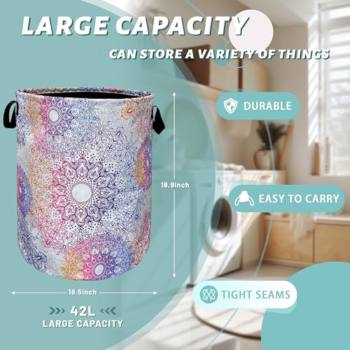 Colorful Mandala Laundry Basket Foldable Oxford Cloth Hamper 18.9"x16.5" - color: Colorful Gradiently Mandala Flowers