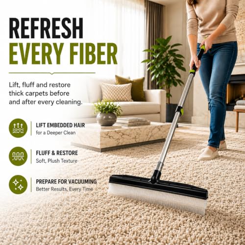 Room Groom Carpet Rake and Groomer with Telescoping 54 Inch Adjustable Handle, Portable Design, Carpet Brush Ideal for Pet Hair, Refreshing High Pile Carpets, Rugs, and Artificial Turf - style: Green Handle