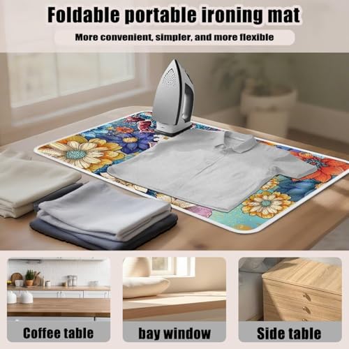 Ironing Mat Boho Flower Portable Ironing Pad Blanket for Table Top Heat Resistance Travel Small 32 x 16 Inch Foldable Lightweight Iron Mats for Washer and Dryer - color: Boho Flower