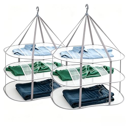 2PCS Hanging Drying Rack Foldable Sweater Clothes Dryer Flat Mesh Large Portable Fixed Windproof for Home, Dormitory and Bathroom 3 Tier - color: A, size: 2PCS