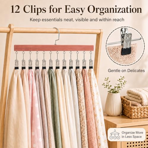 Novabright 2 Pack Cedar Hangers with 12 Clips, 360° Rotating Multi Clip Hangers for Closet, Wooden Hanging Space Saving Organizer for Leggings Pants Jeans Socks Hats Scarves Bras Accessories