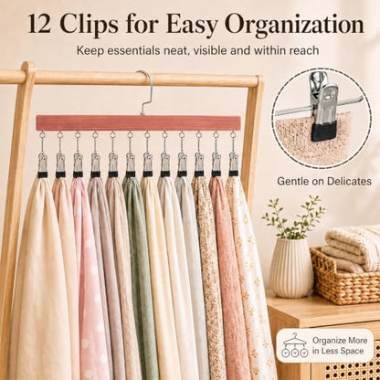 Novabright 2 Pack Cedar Hangers with 12 Clips, 360° Rotating Multi Clip Hangers for Closet, Wooden Hanging Space Saving Organizer for Leggings Pants Jeans Socks Hats Scarves Bras Accessories