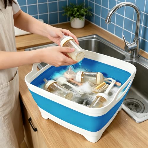 FOSJGO Collapsible Dish Basin with Drain Plug, Foldable Sink, 2.4 Gal (9L) - color: Sky Blue