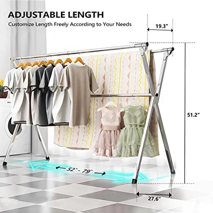 URYAN 79 Inches Stainless Steel Clothes Drying Rack, Heavy Duty Laundry Drying Rack Folding Indoor Outdoor, Portable Drying Rack Clothing, Free-Standing Laundry Stand with 20 Windproof Hooks - size: 79"