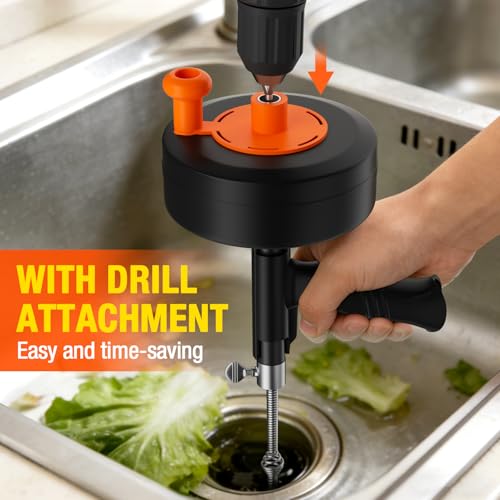25FT Plumbing Drain Auger Snake, Multi-use Drain Cleaner & Pipe Hair Removal Tool, Drill Powered & Manual Type with Drill Adapter and Gloves for Sink, Shower Drain, Bathtub, Kitchen Sink