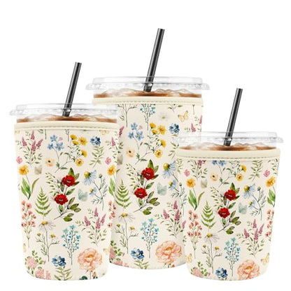 Iced Coffee Sleeve Reusable Neoprene Cup Sleeves, Floral - color: Floral