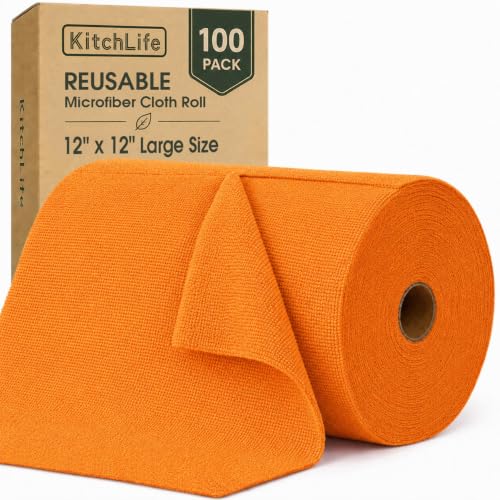 Microfiber Cleaning Cloth Roll, 100 Pack 12 x 12 Inch Tear Away Reusable Paper Towels, Thick Cleaning Towels, Absorbent Lint Free Washable Rags for Kitchen, Car, Garage and Workshop - Coral - color: Coral