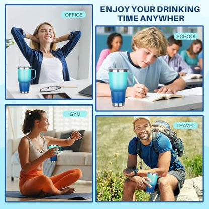 30 oz Stainless Steel Tumbler with Handle, Double Wall Vacuum Insulated Coffee Mug with Lid and Straw, Thermal Cup for Cold and Hot (Light Dark Blue) - color: Light Dark Blue, size: 30 Ounces