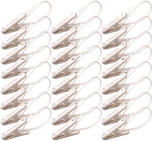 PURIPUFF 24 Pack Clothes Pins Clothes Peg Clip Pins with Plastic Rope for Clothesline Drying Clothing Clips Hooks Windproof Clothes Hanger for Hanging Socks Hats Pants Bras Underwears Towel Photo