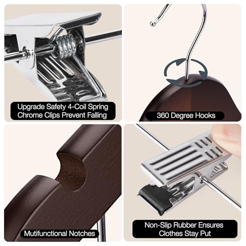 Wooden Hangers with Clips 12 PCS Pant Hangers with Clips,Smooth Solid Wooden Pants Hangers,360 Swivel Hooks & Adjustable Clips,for Jeans,Skirt,Suit,Shorts,Scarf.（Walnut） - color: Walnut
