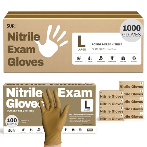 SUP Powder-Free Nitrile Exam Gloves, 100/1000 Ct Food Safe Latex-Free Disposable Glove Medical Cooking Cleaning Food Prep Tan - color: Large (Trail Tan 1000)