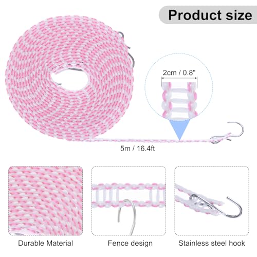uxcell Windproof Clothesline, 5M 16.4ft Plastic Non-Slip Clothes Drying Rope Portable Travel Clothesline for Courtyard Outdoor Laundry Camping, Pink - color: Pink, size: 16.4ft