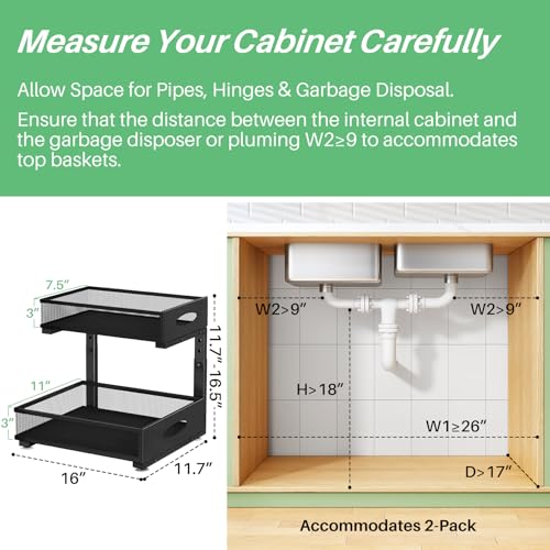 Under Sink Organizer, 2-Pack Pull Out Cabinet Organizer 2 Tier Metal Slide Out Storage Shelf Rack, L-Shaped Adjustable Height,Mesh Sliding Drawer for Kitchen, Bathroom, Laundry, Pantry, Black, XL - color: Black, size: 2-Pack