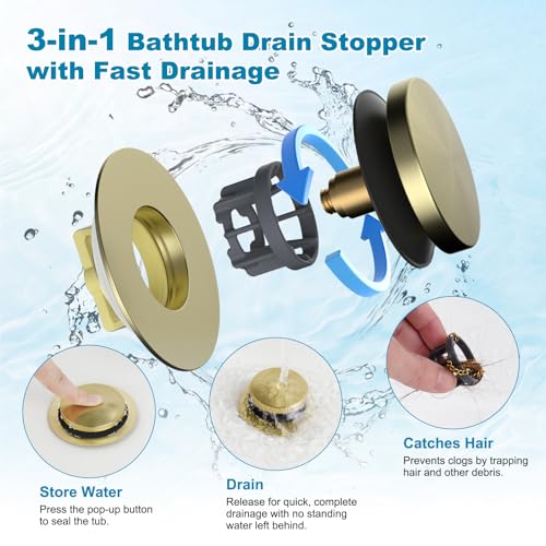Hibbent 3 in 1 Metal Bathtub Drain Stopper, Universal Pop Up Tub Stopper - color: Brushed Gold