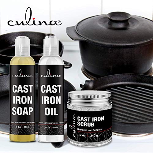 Culina Supreme Cast Iron Care Set: Restoring Scrub, Cleaning Soap & Conditioning Oil | Best for Cleaning Care, Washing & Restoring | 100% Plant-Based | for Cast Iron Cookware, Skillets, Pans & Grills!