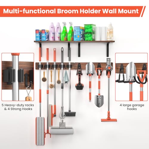 Broom Holder Wall Mount, 33.8 Inch, Wooden Shelf, Rustic Wood Broom Hanger - size: 33.8"Large