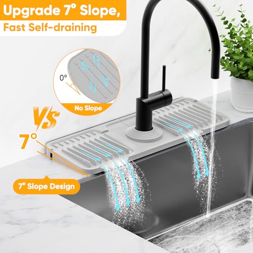 14.6 inch Faucet Mat for Kitchen Sink Splash Guard[7° Slope Fast Self-draining][Snap Lock Fit] Kitchen Sink Area Water Splash Guard Behind Faucet Draining Mat - color: Light Gray, size: 14.6" x 5.5"