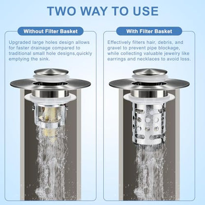 Upgraded 3 in 1 Bathroom Sink Drain Strainer, Universal Pop Up Stopper with Removable Stainless Steel Filter Basket Hair Catcher, Sink Plug for 1.1''~2.36'' Basin, Brushed Nickel Finish (2PC) - style: Brushed Nickel Finish 2PCS
