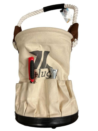 Zeluga 20-385 28 oz. Utility Canvas Bucket with Heavy Duty Plastic Bottom, Collapsible Canvas Bucket, 12 Outside Pockets Organizers Bolt Bucket, White